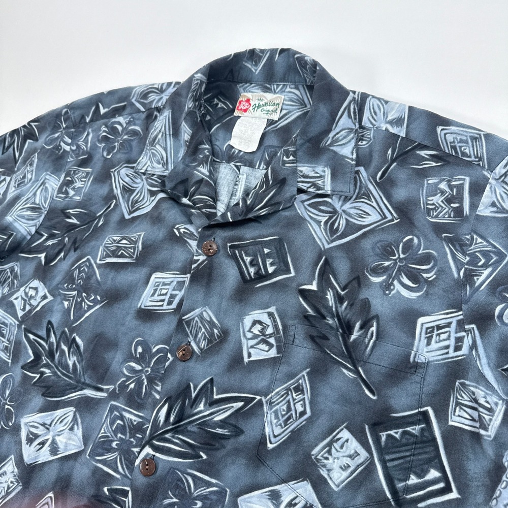 Hilo Hattie Mens Shirt Large Blue Grey Abstract Tropical Aloha Retro Vacation